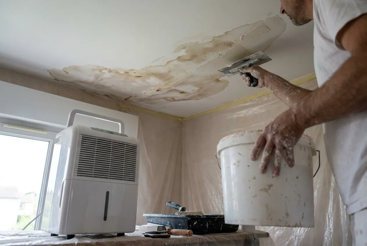 Tache d'humidité au plafond d'un appartement, dégât des eaux en copropriété à Arpajon